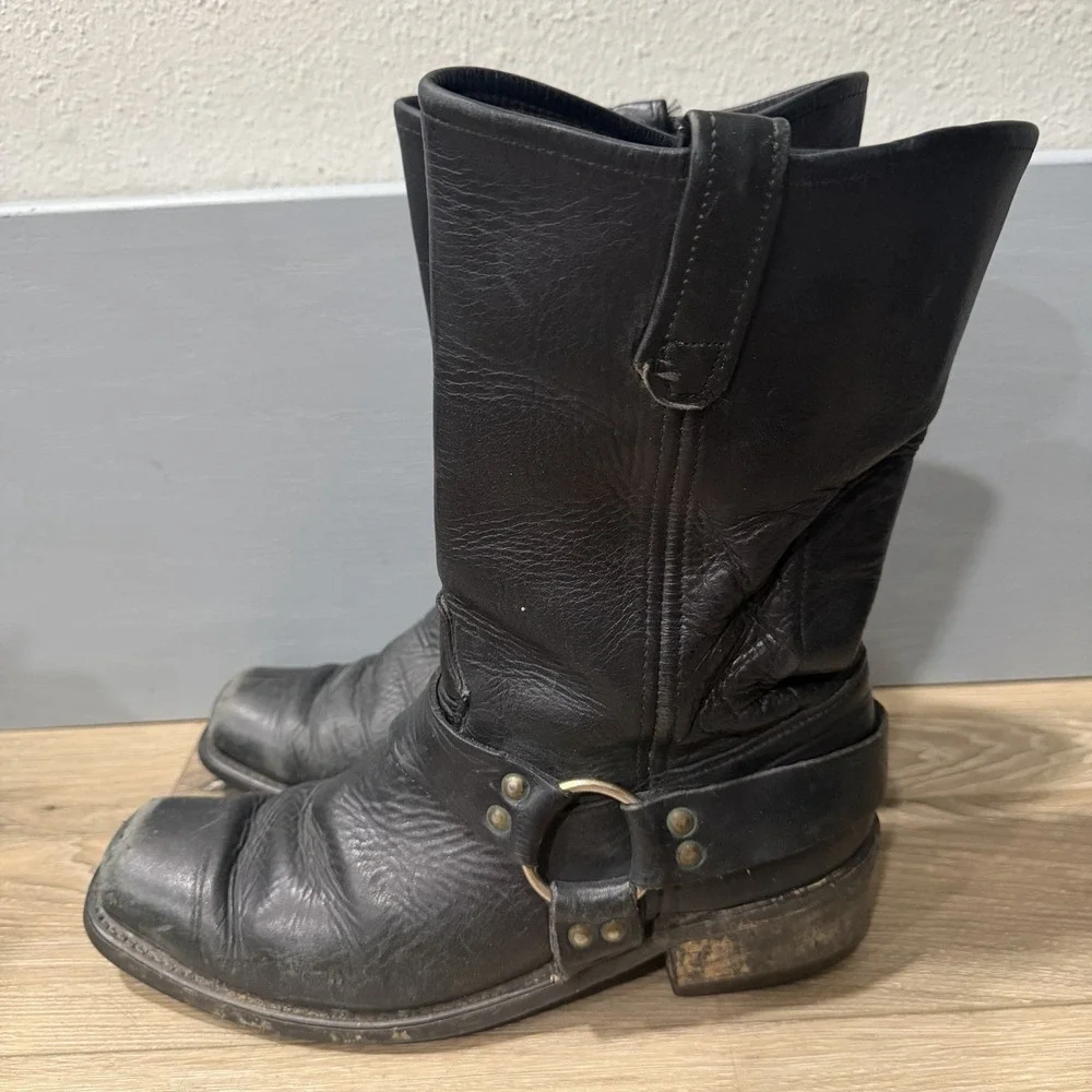 Vtg Black Leather Harness Boots Engineer Square Toe USA Western Sz 10.5 Mens